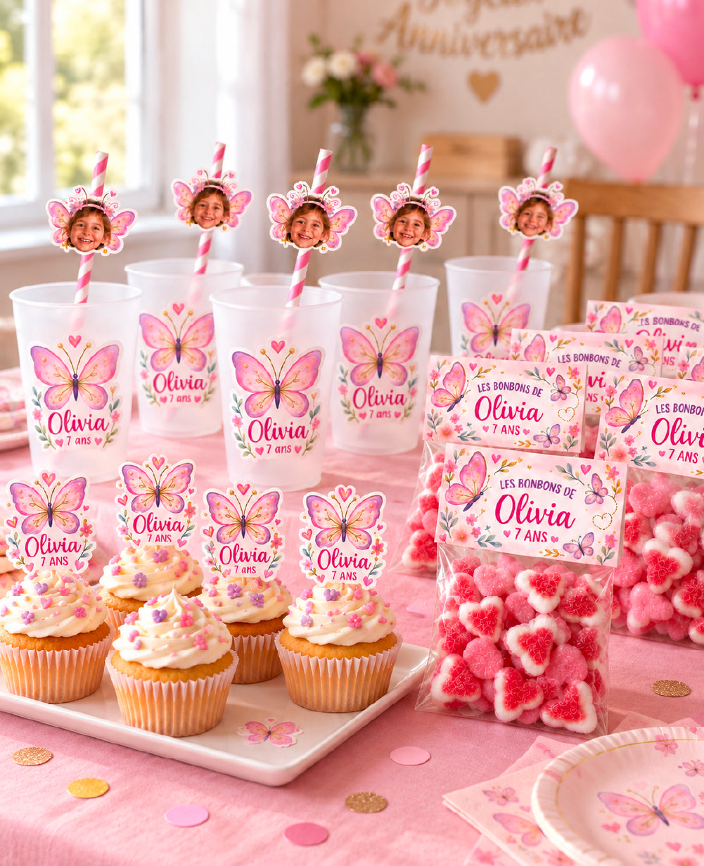 Pack déco anniversaire enfant personnalisé – Butterfly Party