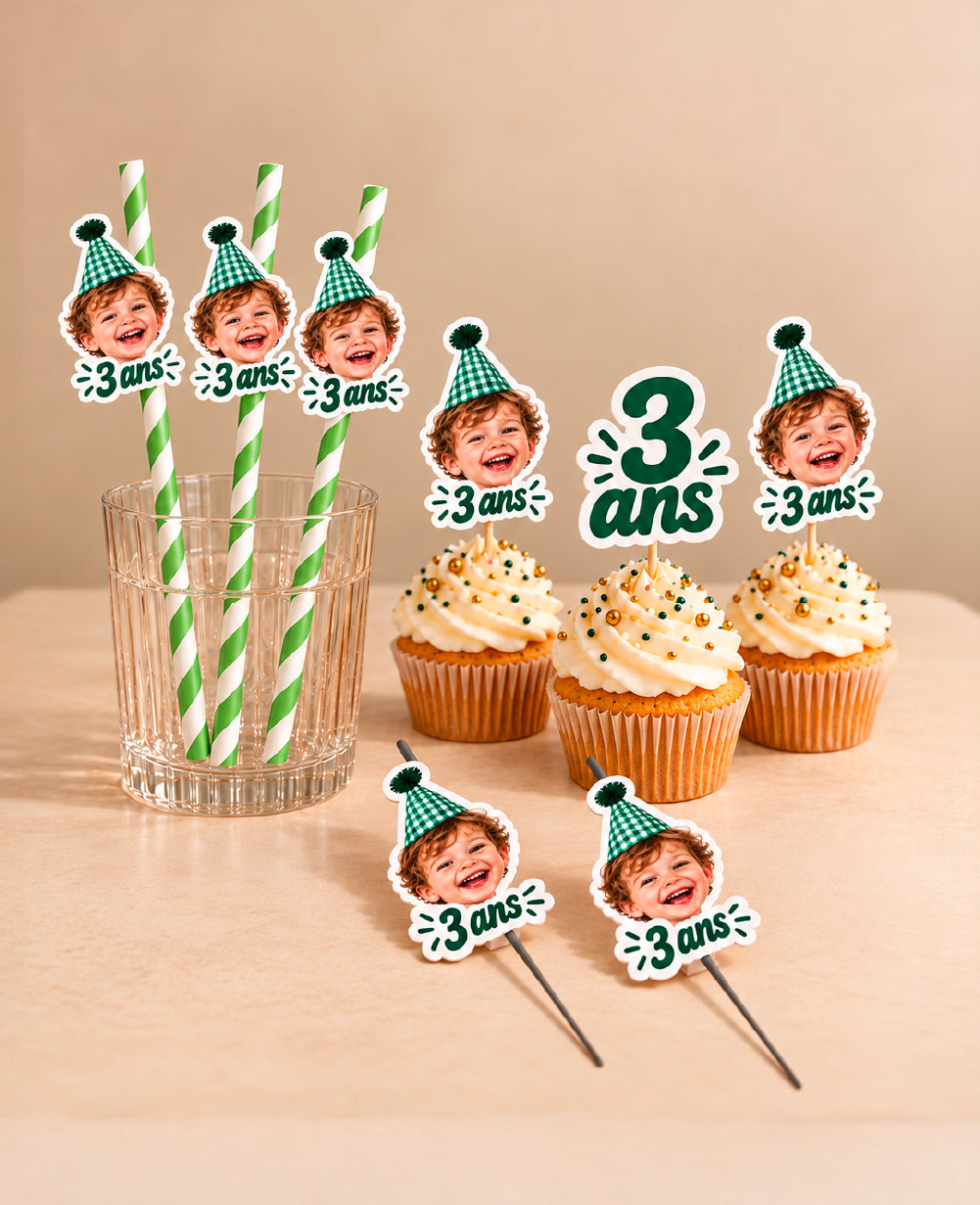 Pack Anniversaire Personnalisé – Pailles, Cake Toppers & Cierges Magiques