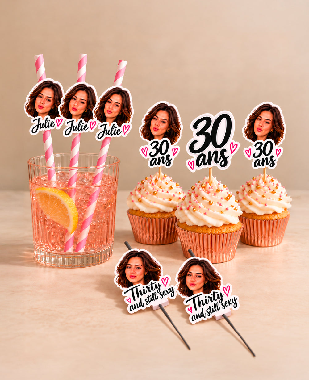 Pack Anniversaire Personnalisé – Pailles, Cake Toppers & Cierges Magiques