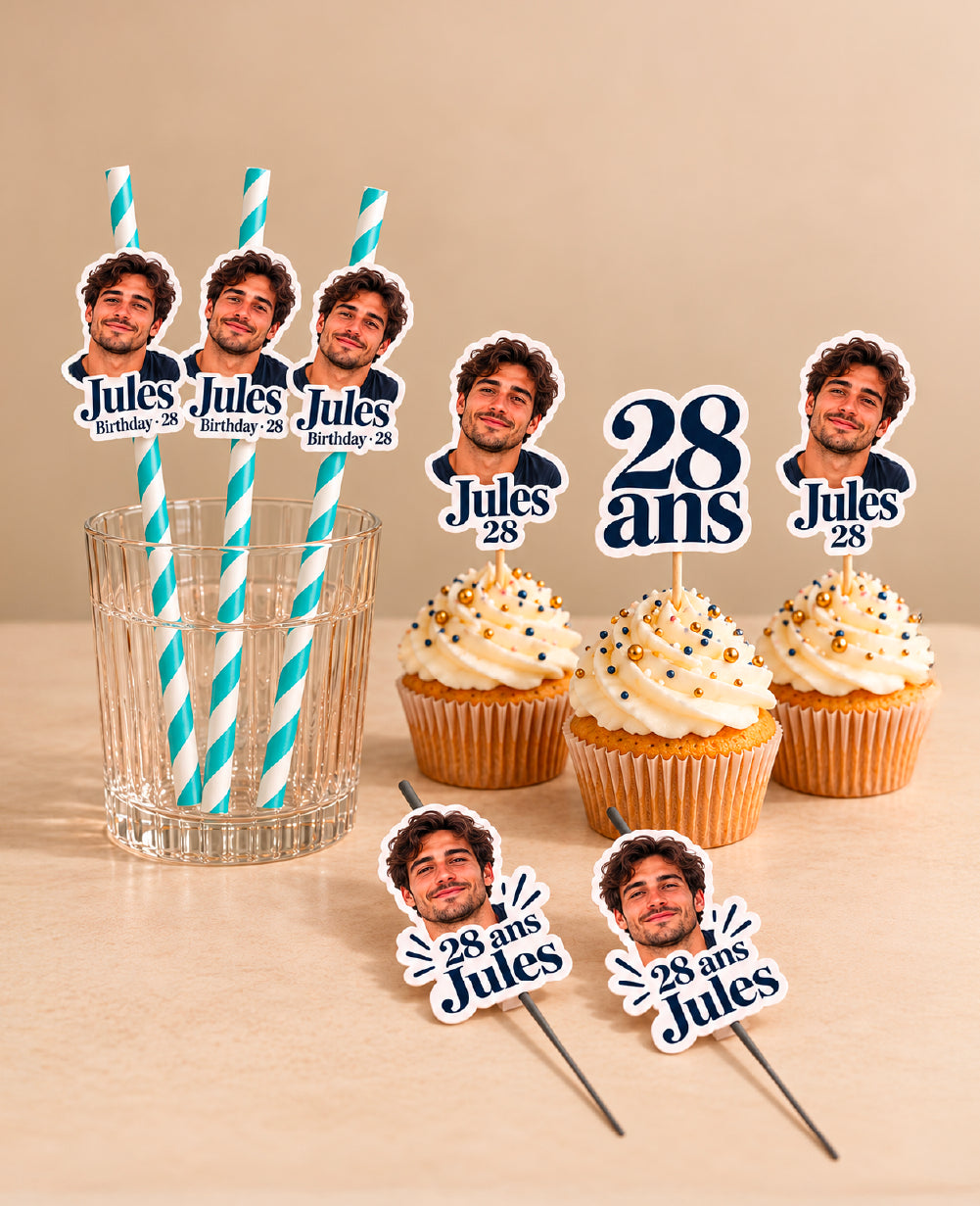 Pack Anniversaire Personnalisé – Pailles, Cake Toppers & Cierges Magiques