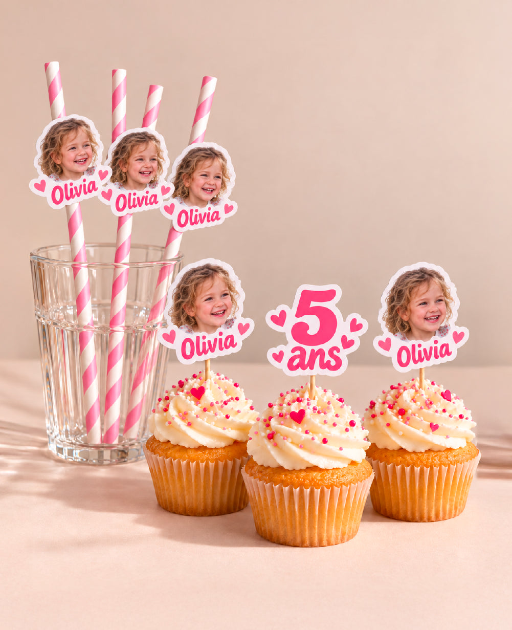Pack anniversaire : pailles & décorations de gâteau personnalisés avec photo - enfants